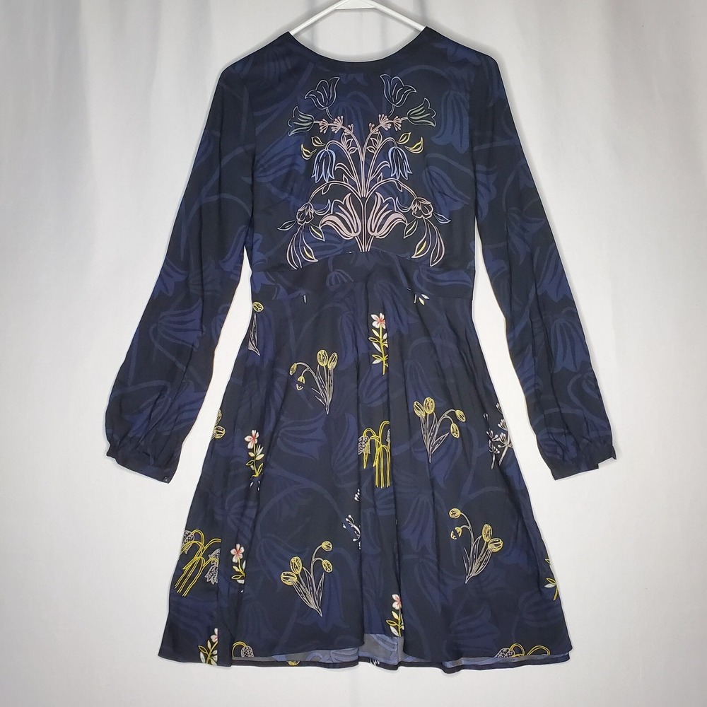 Loft Long Sleeve Dress 0 Blue Black Artsy Floral High Neck Zip Aline Whimsigoth